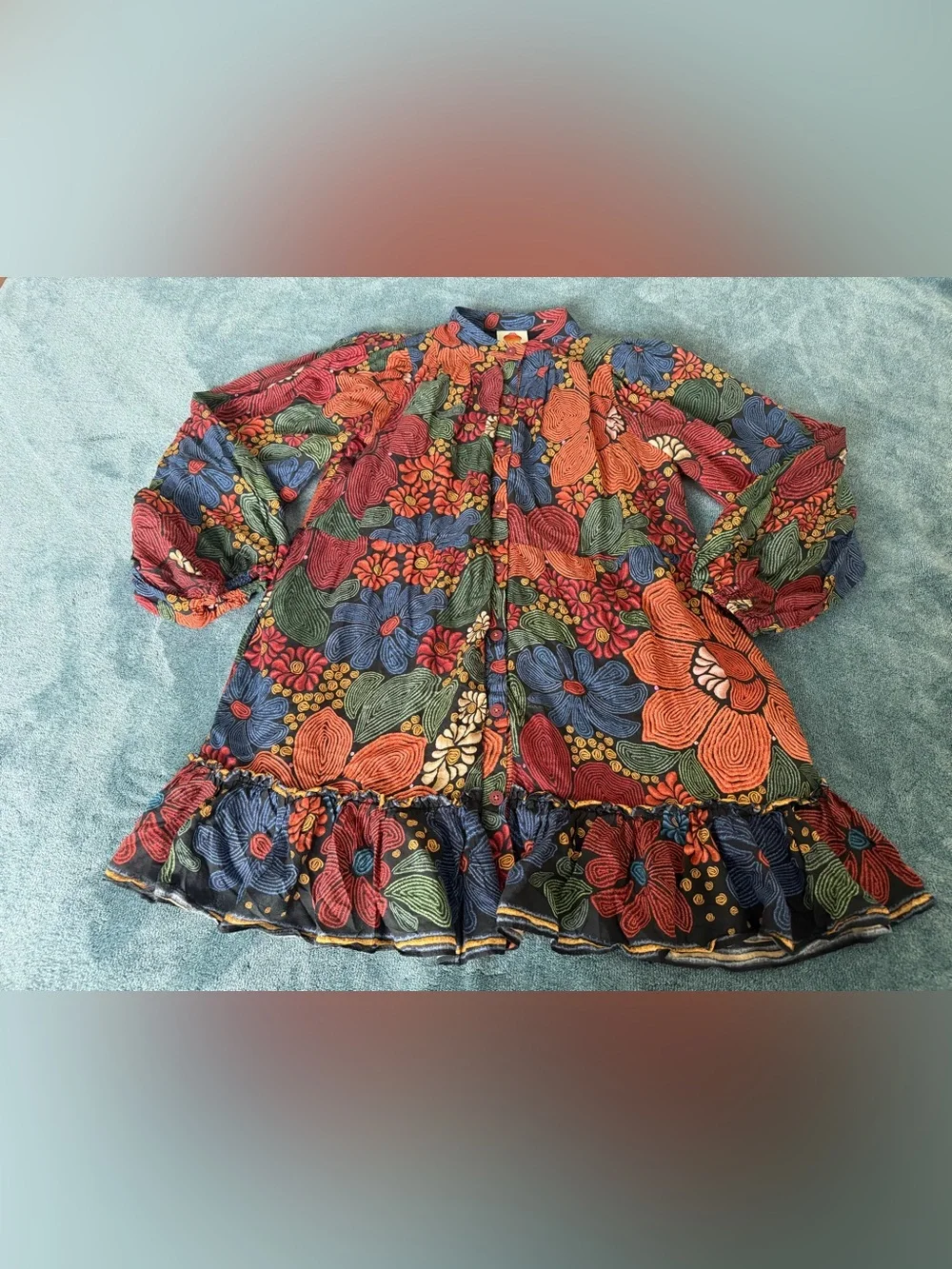 Farm Rio Black Stitched Flowers Long Sleeve Mini Dress Size M Boho Fall Colors - Picture 2 of 9